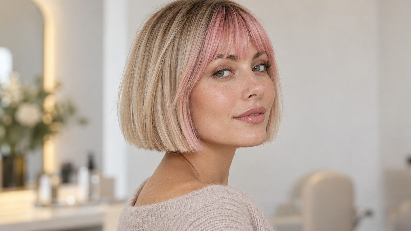 Pink Bangs on a Blonde Bob: Placement Before Color